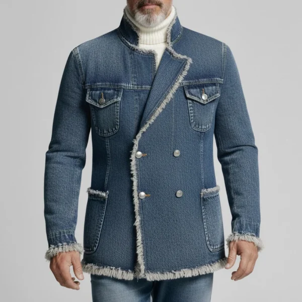 Men's Blue Stand Collar Double Breasted Multiple Pockets Long Sleeve Raw Edge Denim Jacket