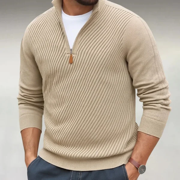Men's Khaki Cable Knit Polo Collar Long Sleeve Sweater